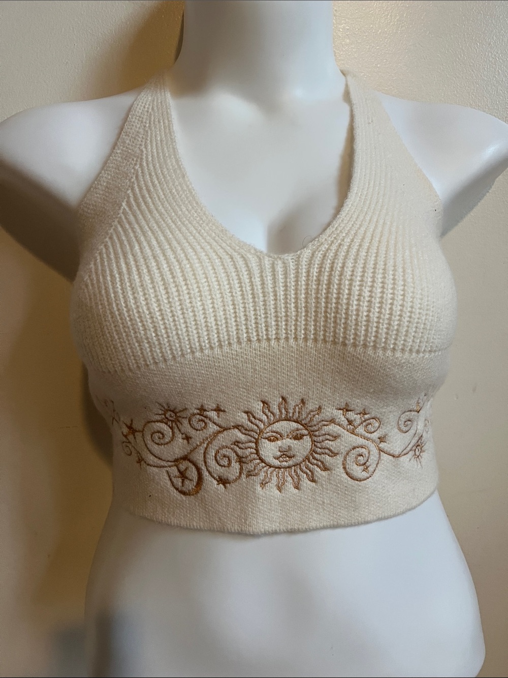 Ivory Embroidered Sun Ribbed Halter Crop Top